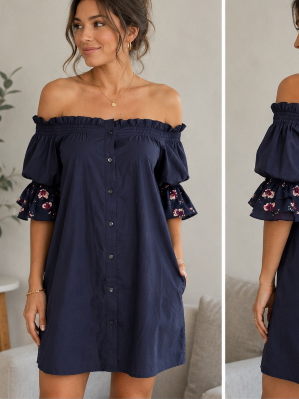 Parker Navy Off-the-Shoulder Floral Cuff Shirt Dress